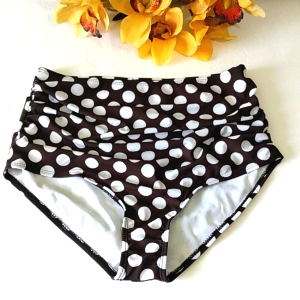 BLACK WHITE POLKADOT RUCHED HIGH-WAIST BIKINI BOTTOM SIZE MED NWOT - Picture 2 of 8